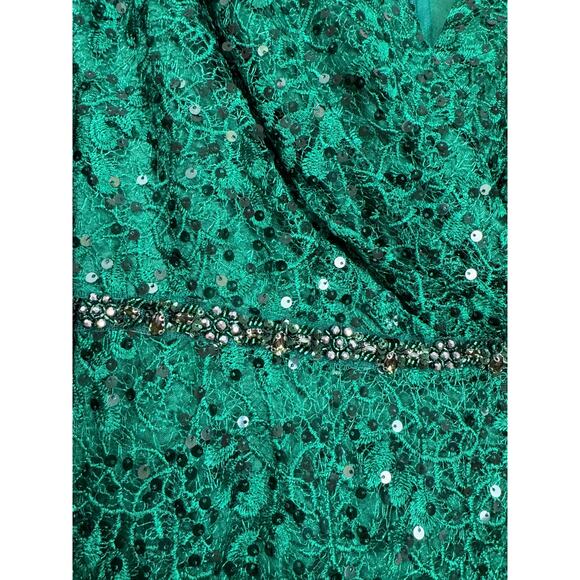 Mac Duggal Embellished Wrap Over Long Sleeve Gown Green Style 68016 Size 6 - Picture 7 of 9